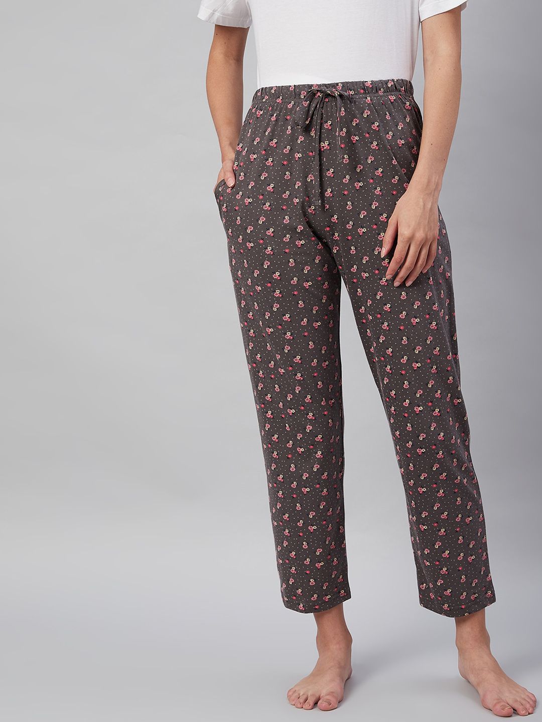 C9 AIRWEAR Women Grey & Pink Printed Pure Cotton Lounge Pants Price in India