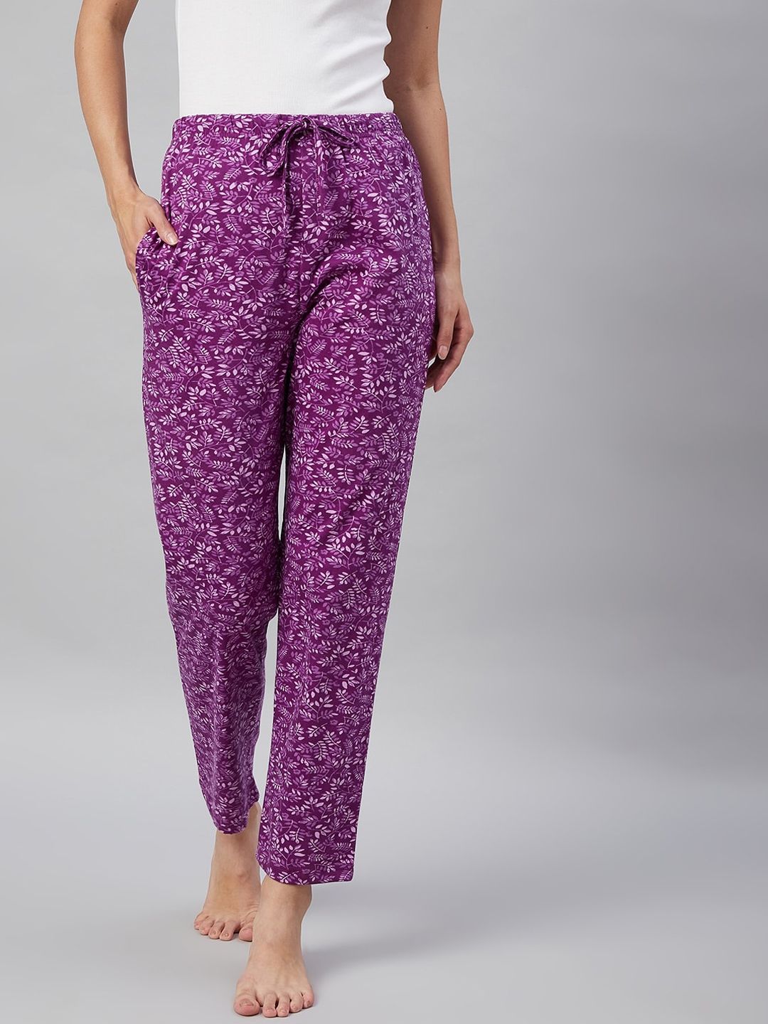 C9 AIRWEAR Women Purple & White Floral Printed Pure Cotton Lounge Pants Price in India