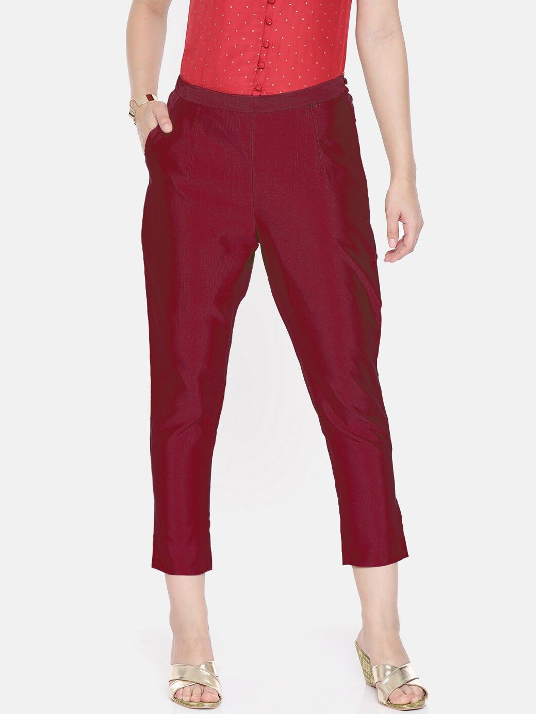 Ira Soleil Women Maroon Solid Cropped Trousers Price in India