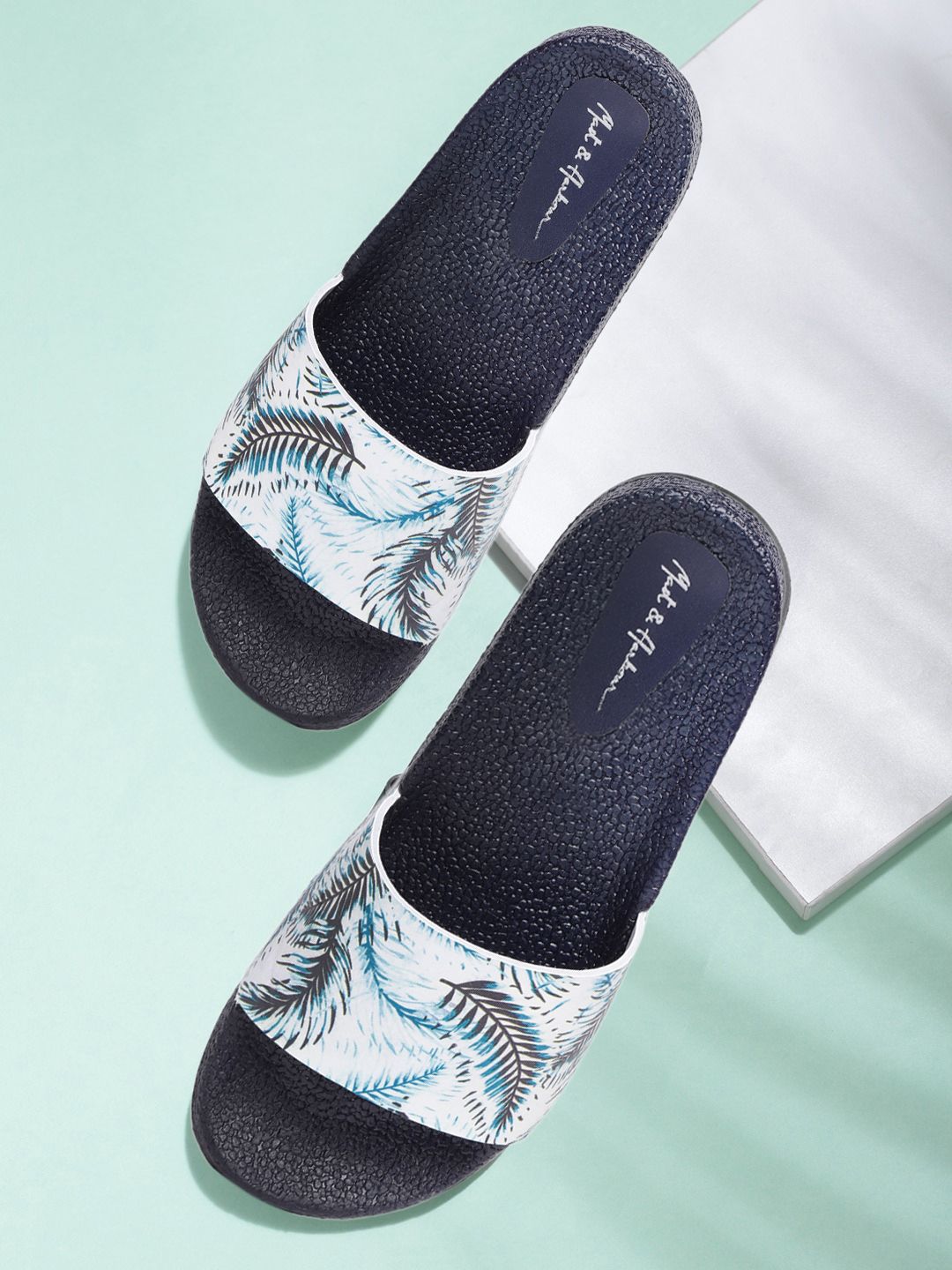 Mast & Harbour Women White & Blue Printed Sliders Price in India
