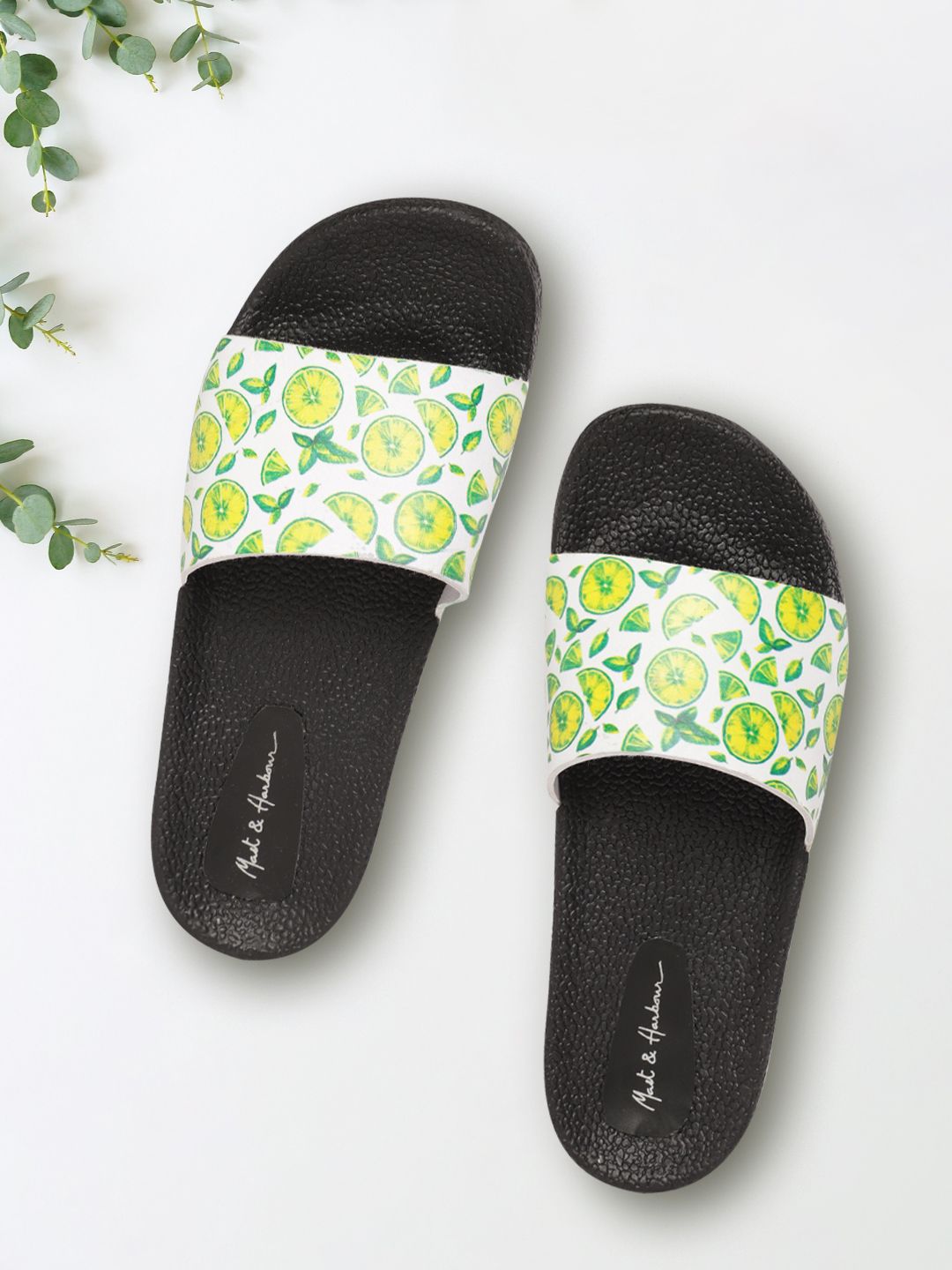 Mast & Harbour Women White & Yellow Conversational Print Sliders Price in India