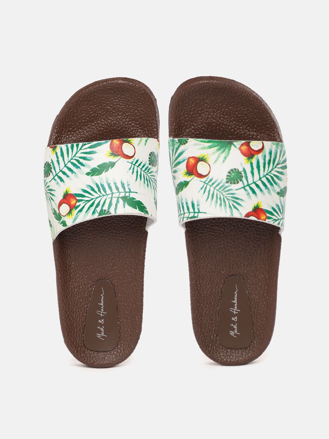 Mast & Harbour Women White & Green Tropical Printed Sliders Price in India