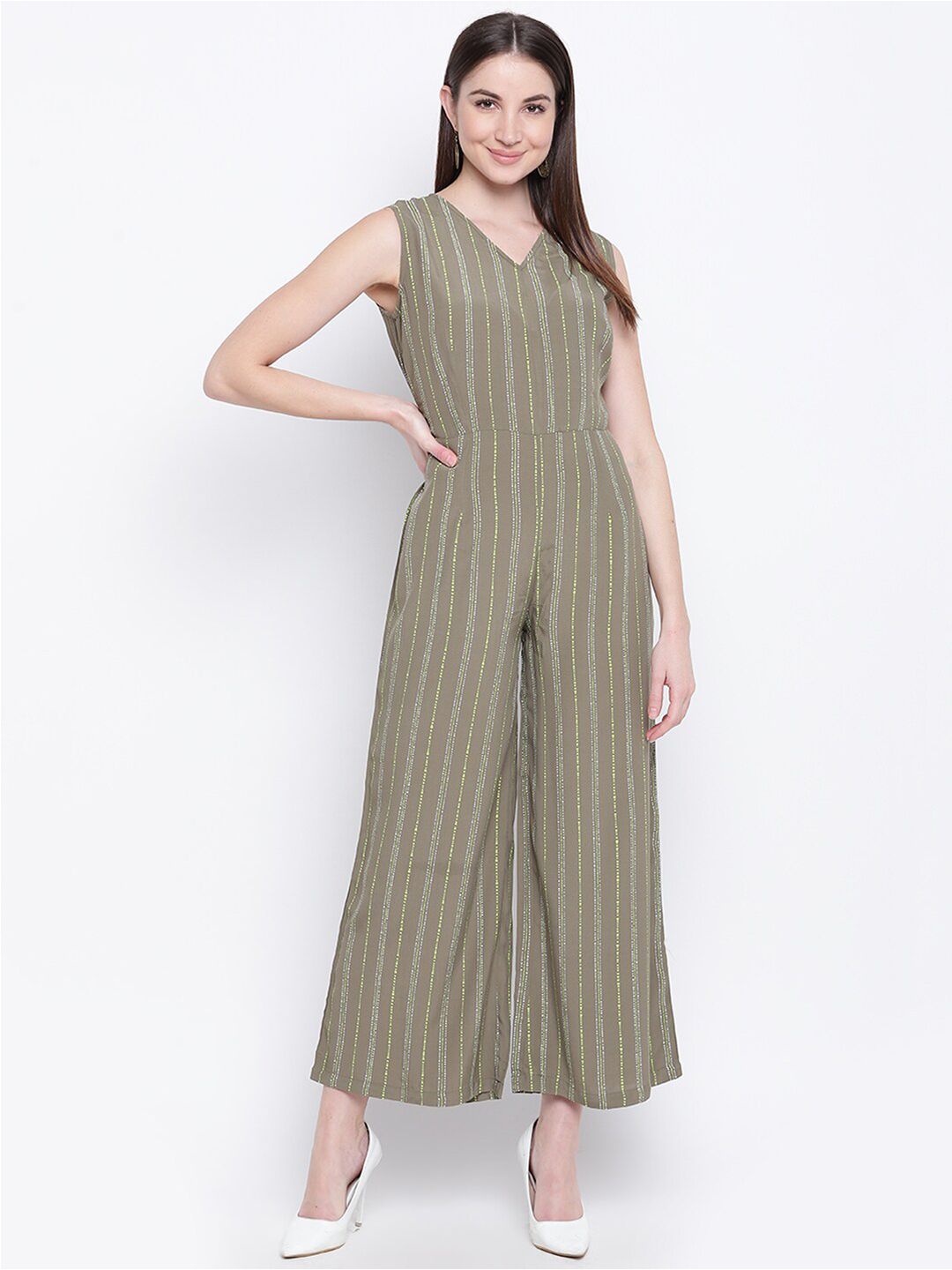 Mayra Women Olive Striped Basic Jump Suit Price in India