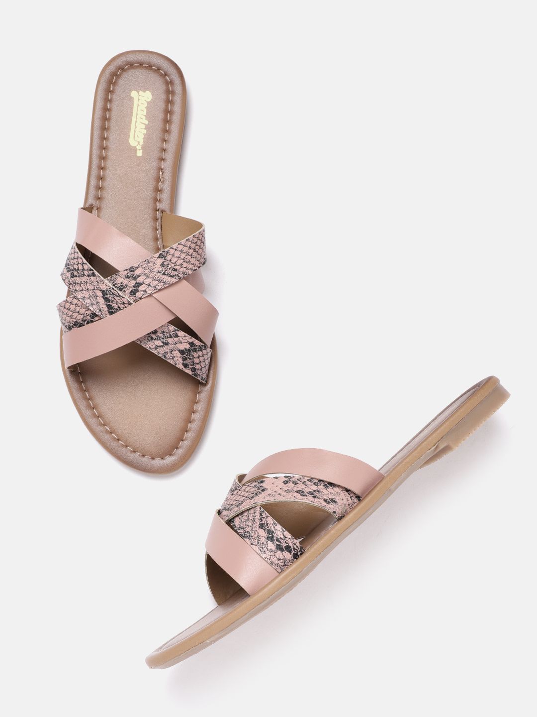 The Roadster Lifestyle Co Women Nude-Coloured & Grey Snake Print Open Toe Flats Price in India