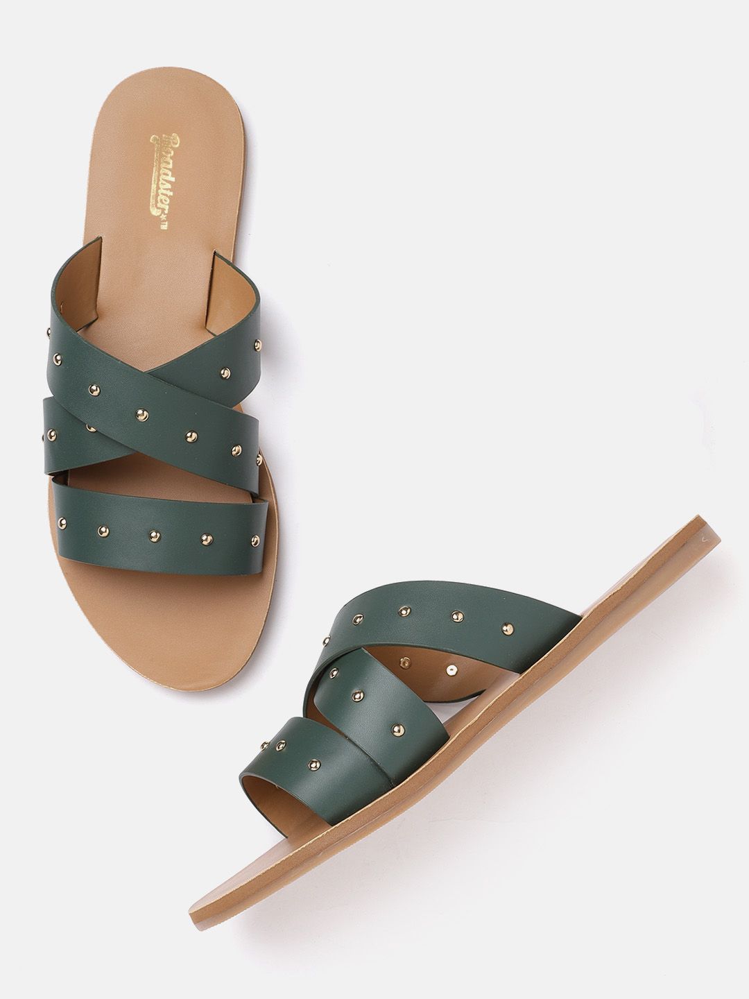 The Roadster Lifestyle Co Women Green & Gold-Toned Embellished Open Toe Flats Price in India