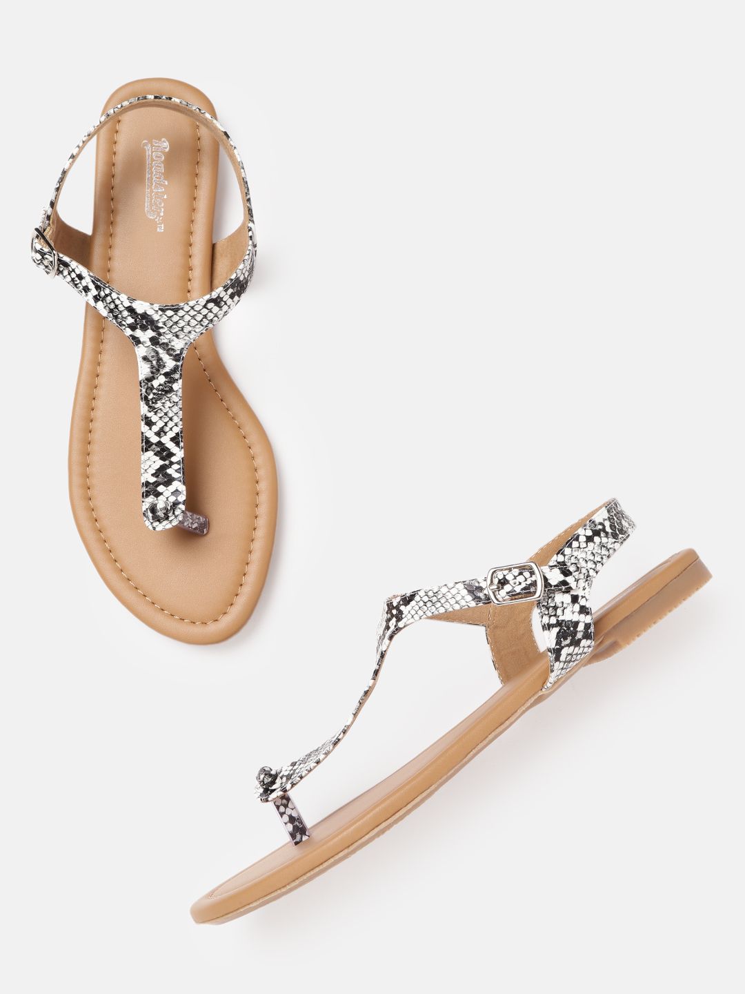 The Roadster Lifestyle Co Women White & Black Snakeskin Print T-Strap Flats Price in India