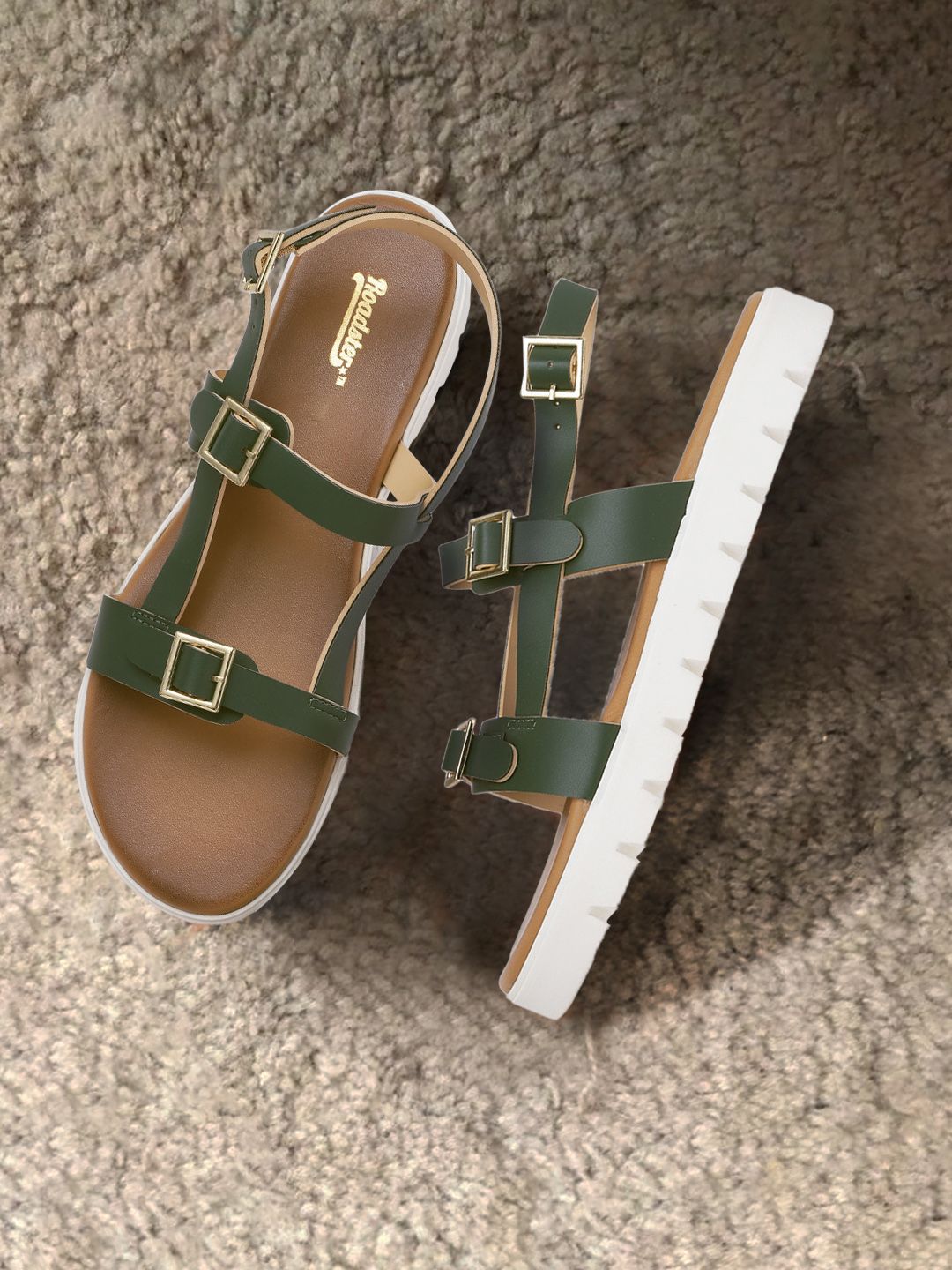 The Roadster Lifestyle Co Women Green Solid Open Toe Flats with Buckle Detail Price in India