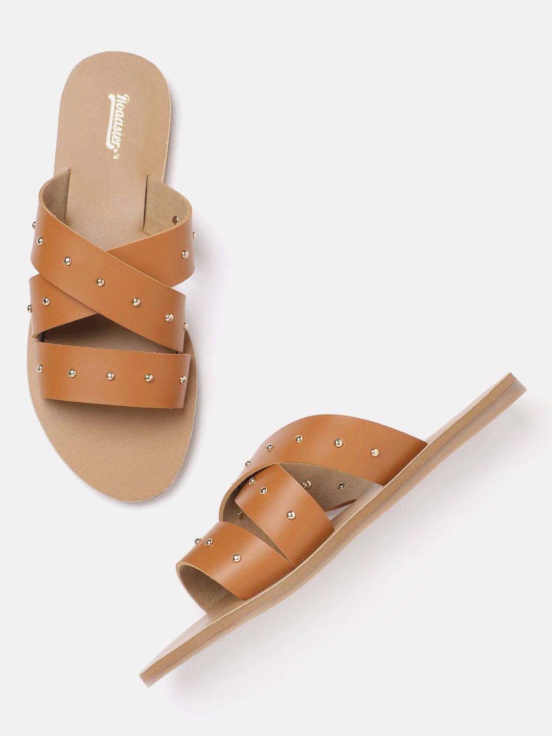 The Roadster Lifestyle Co Women Tan Brown Studded Open Toe Flats Price in India