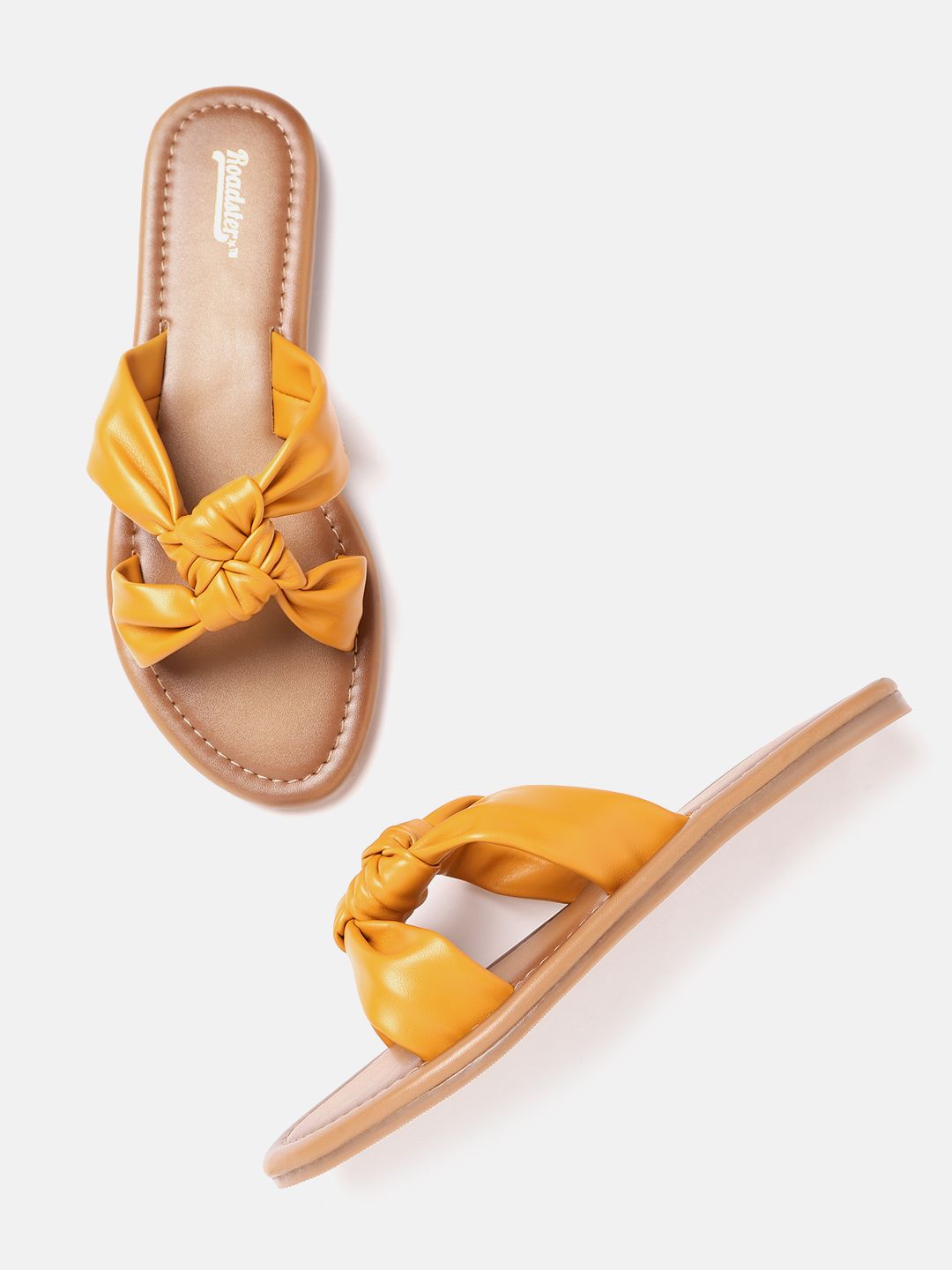 The Roadster Lifestyle Co Women Mustard Yellow Solid Open Toe Flats with Knot Detail Price in India