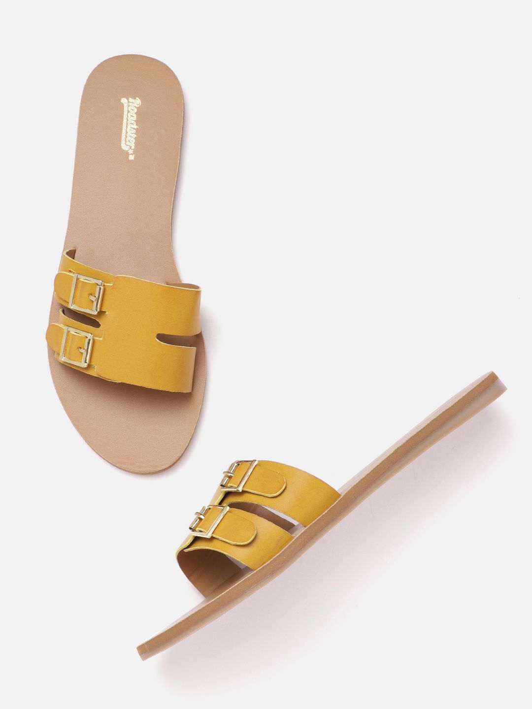 The Roadster Lifestyle Co Women Mustard Yellow Solid Open-Toe Flats with Buckles Price in India