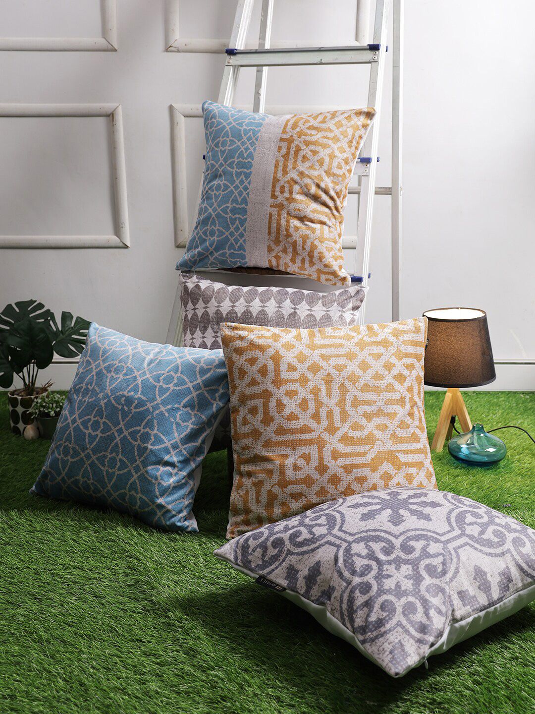 ROMEE Off White & Grey Set of 5 Ethnic Motifs Velvet Square Cushion Covers Price in India