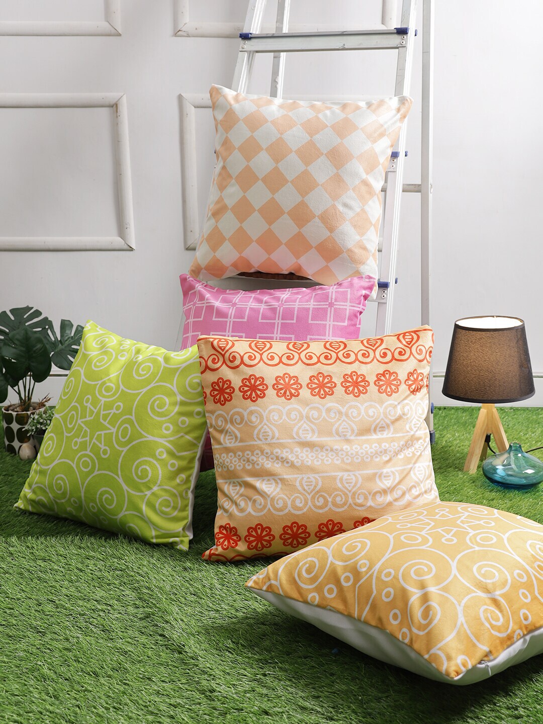 ROMEE Green & Orange Set of 5 Ethnic Motifs Velvet Square Cushion Covers Price in India
