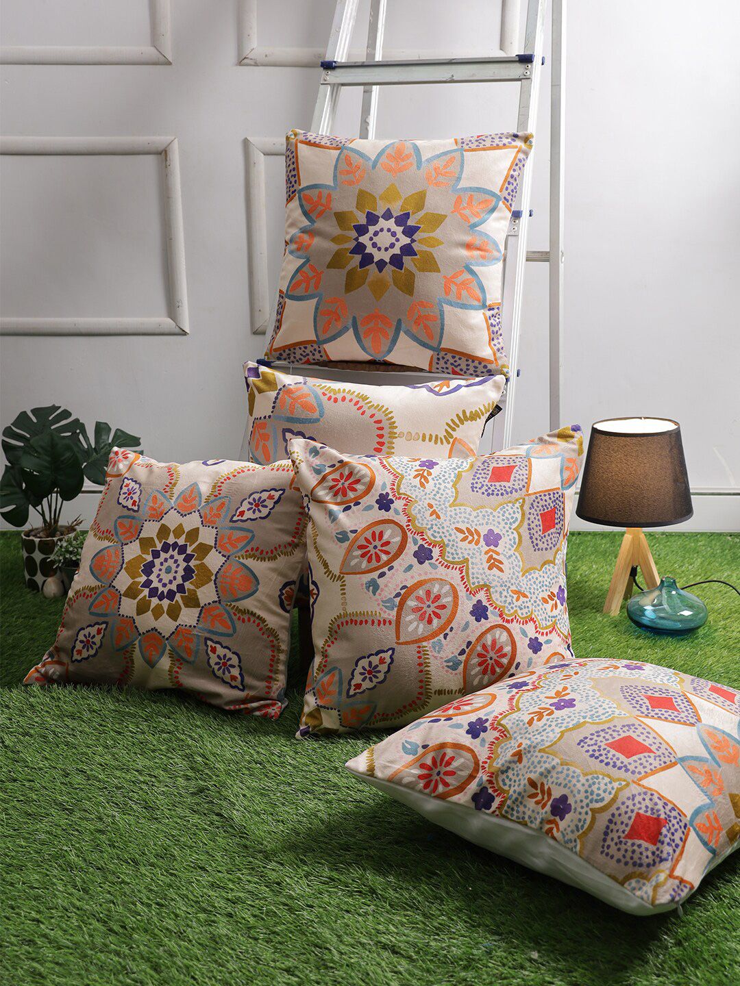 ROMEE Unisex Set Of 5 Beige & Orange Mandala Printed Square Cushion Covers Price in India