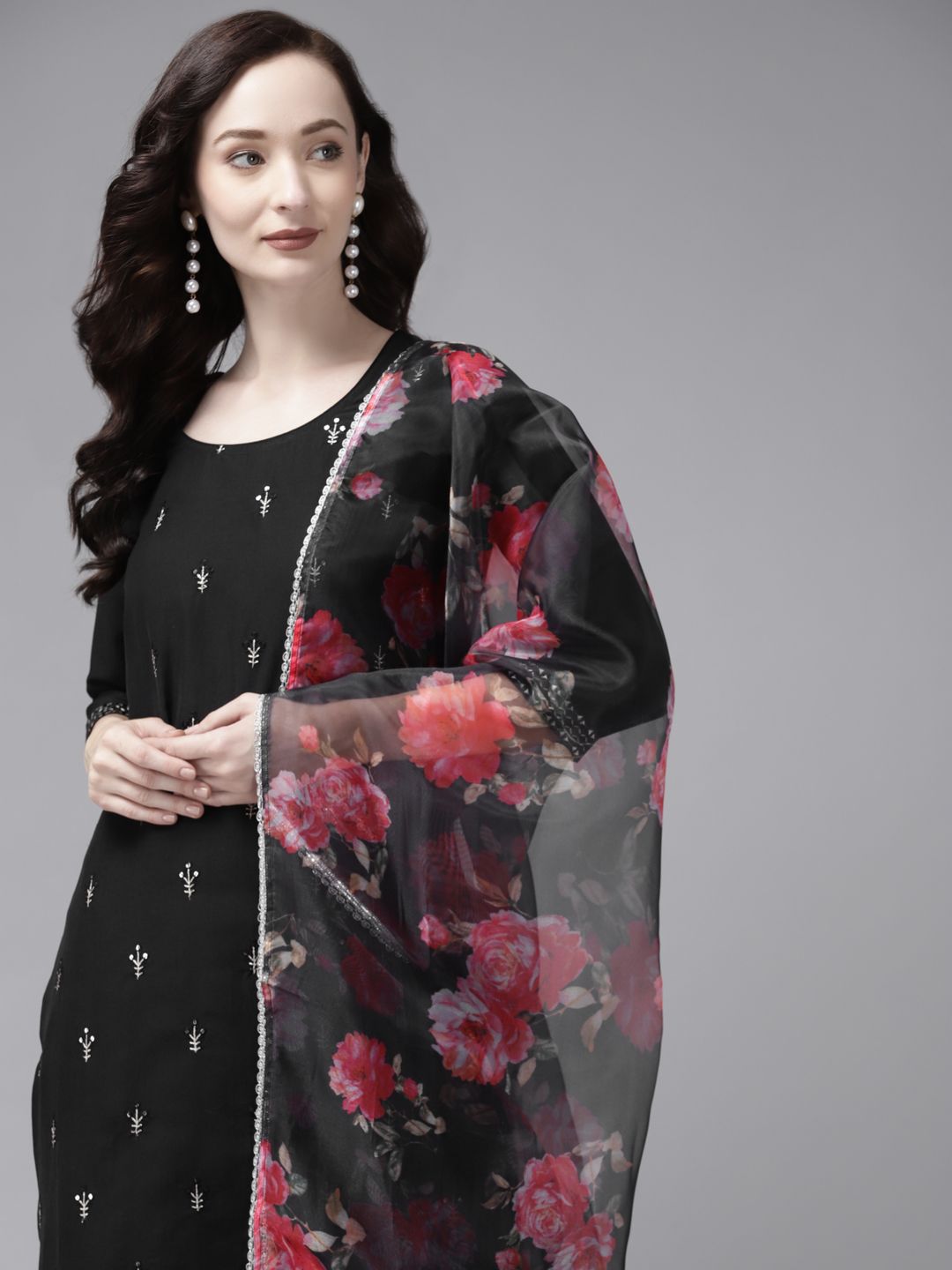 Indo Era Women Black Ethnic Motifs Embroidered Regular Kurta with Palazzos & With Dupatta Price in India