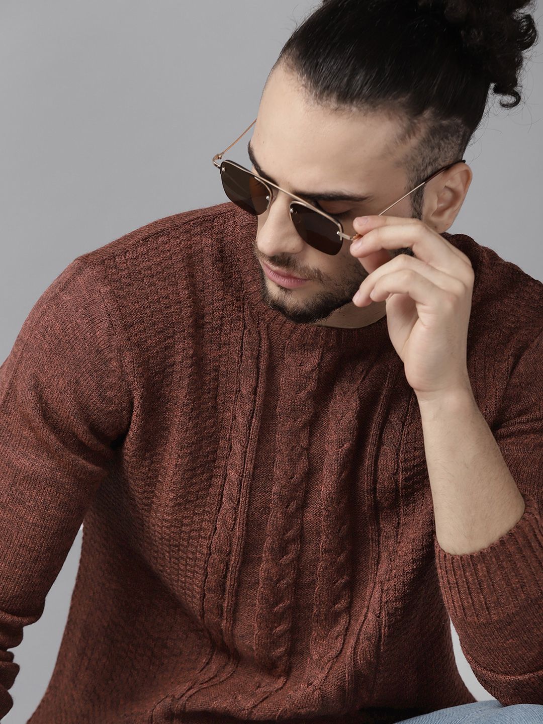 The Roadster Lifestyle Co Men Brown Solid Cable Knit Pullover