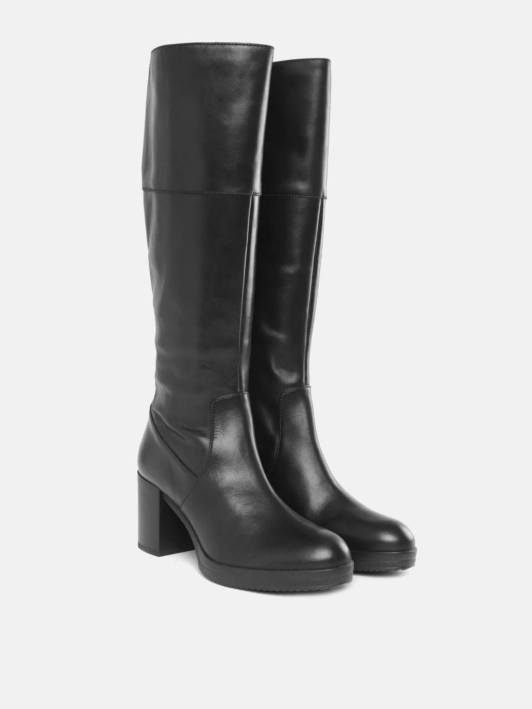 Geox Women Black Leather High-Top Block Heeled Boots Price in India
