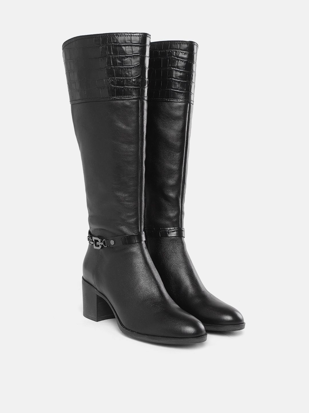Geox Women Black Leather High-Top Block Heeled Boots Price in India