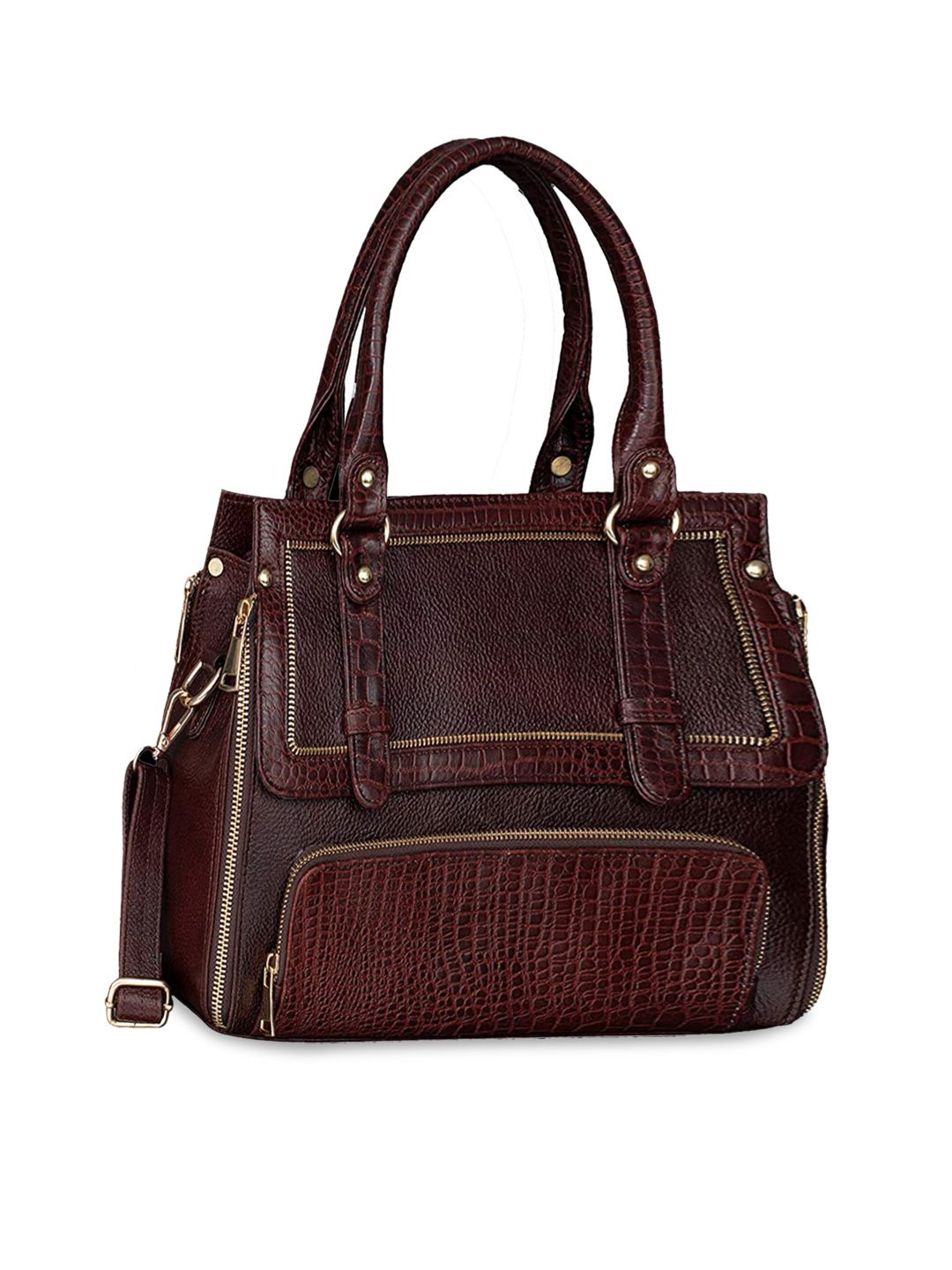 HiLEDER Brown Leather Structured Handheld Bag with Fringed Price in India