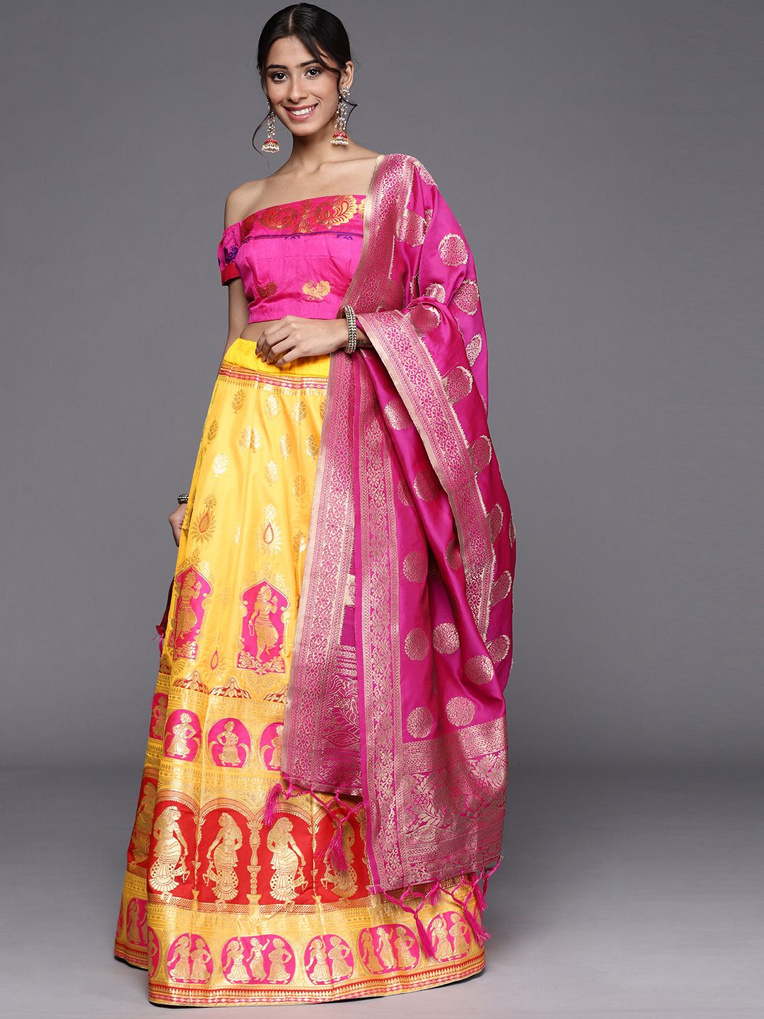 Chhabra 555 Mustard & Pink Semi-Stitched Lehenga & Unstitched Blouse With Dupatta Price in India