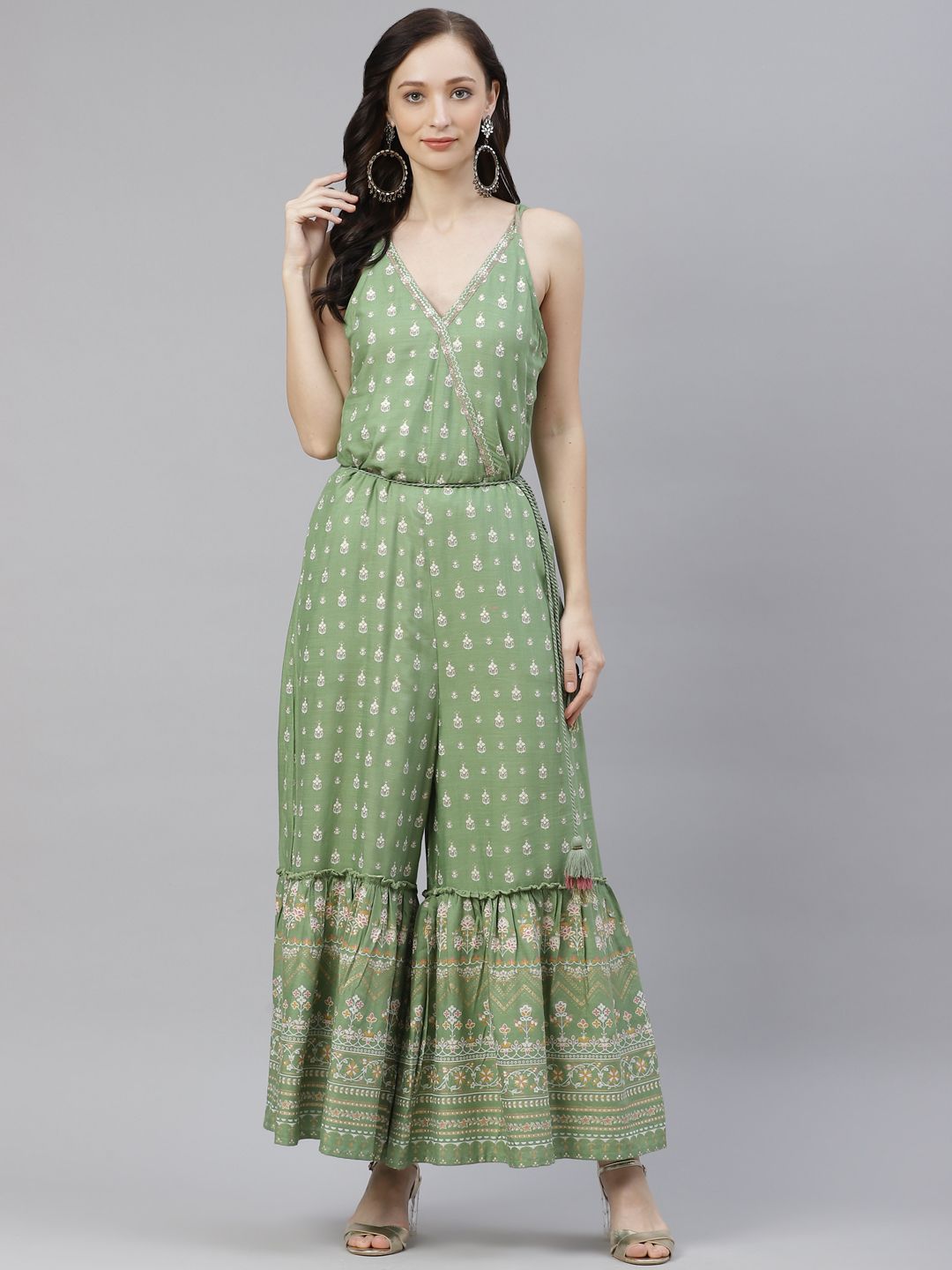 Divena Green Printed Angrakha Shoulder Strips Basic Jumpsuit Price in India