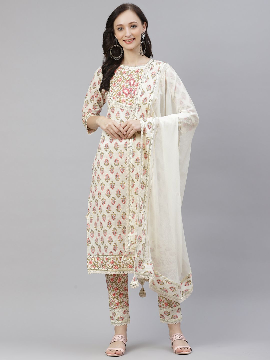 Divena Women Cream-Coloured Floral Thread Work Cotton Kurta with Palazzos & Dupatta Price in India