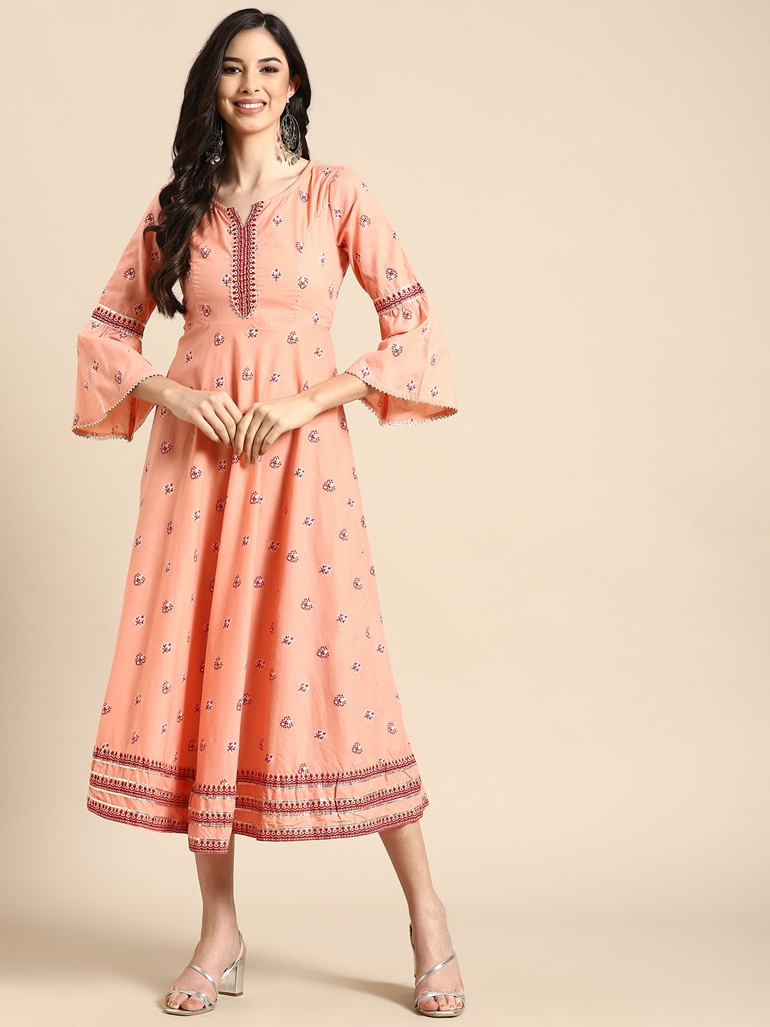 RANGMAYEE Peach-Coloured & Black Floral Ethnic Flared Sleeves A-Line Midi Dress Price in India