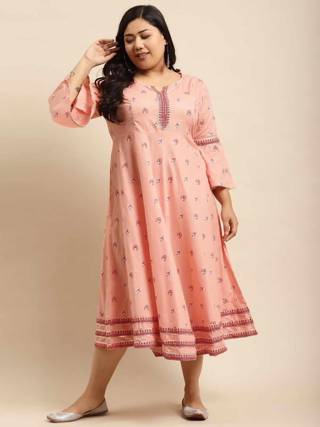 RANGMAYEE Plus Size Peach-Coloured & White Ethnic Motifs Ethnic Maxi Dress Price in India