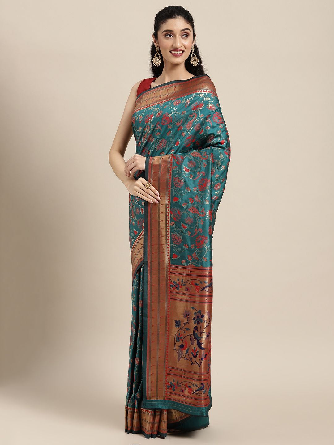 Mitera Green Floral Zari Silk Blend Paithani Saree Price in India