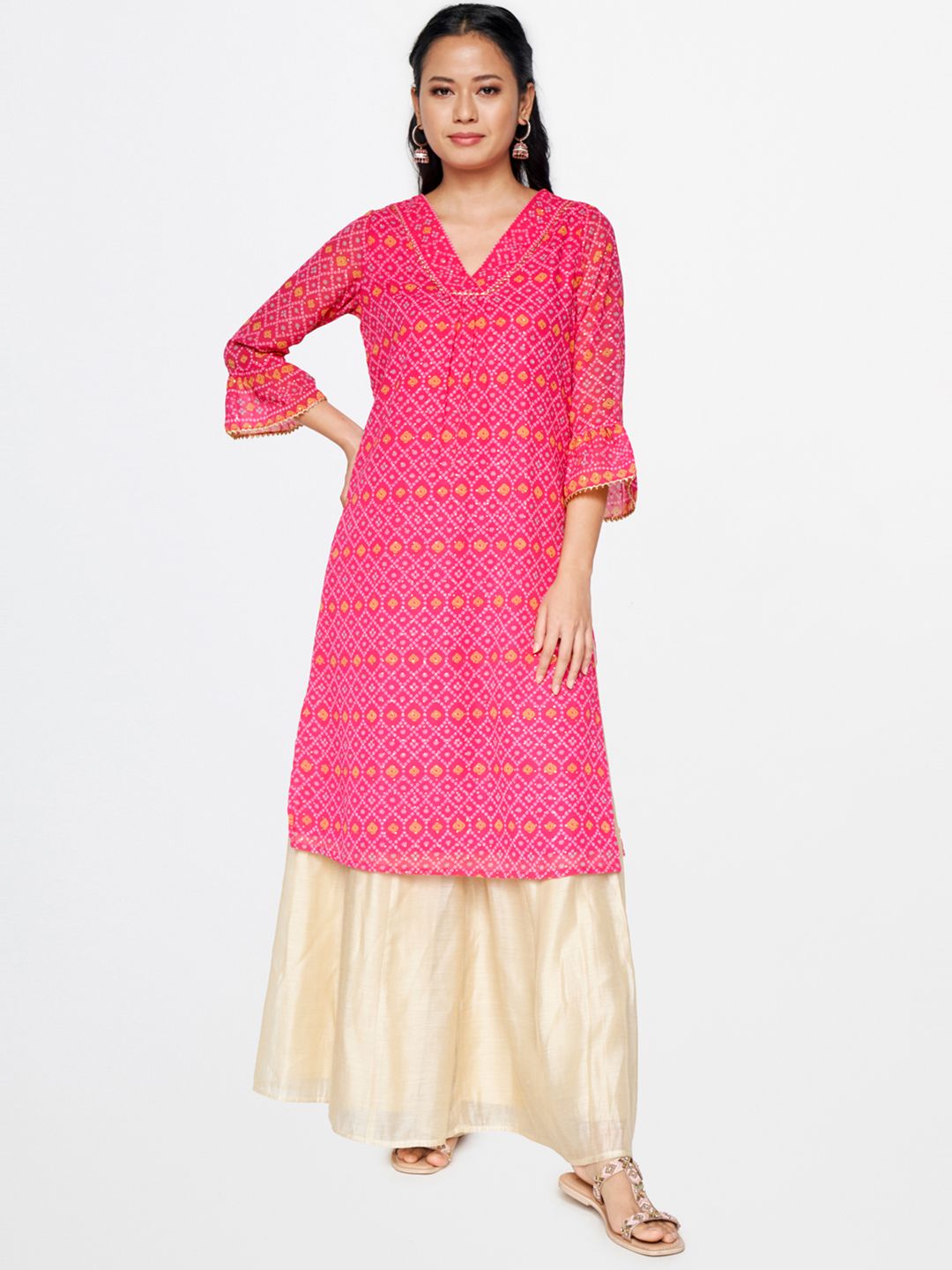 Global Desi Women Pink & White Bandhani Printed Bell Sleeves Kurta Price in India