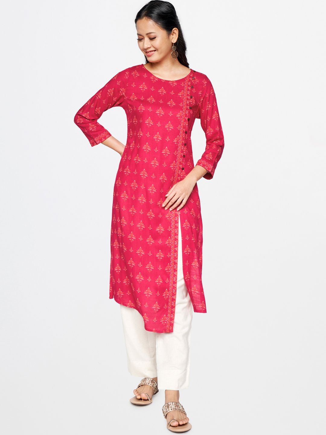 Global Desi Women Pink & Orange Ethnic Motifs Printed Kurta Price in India