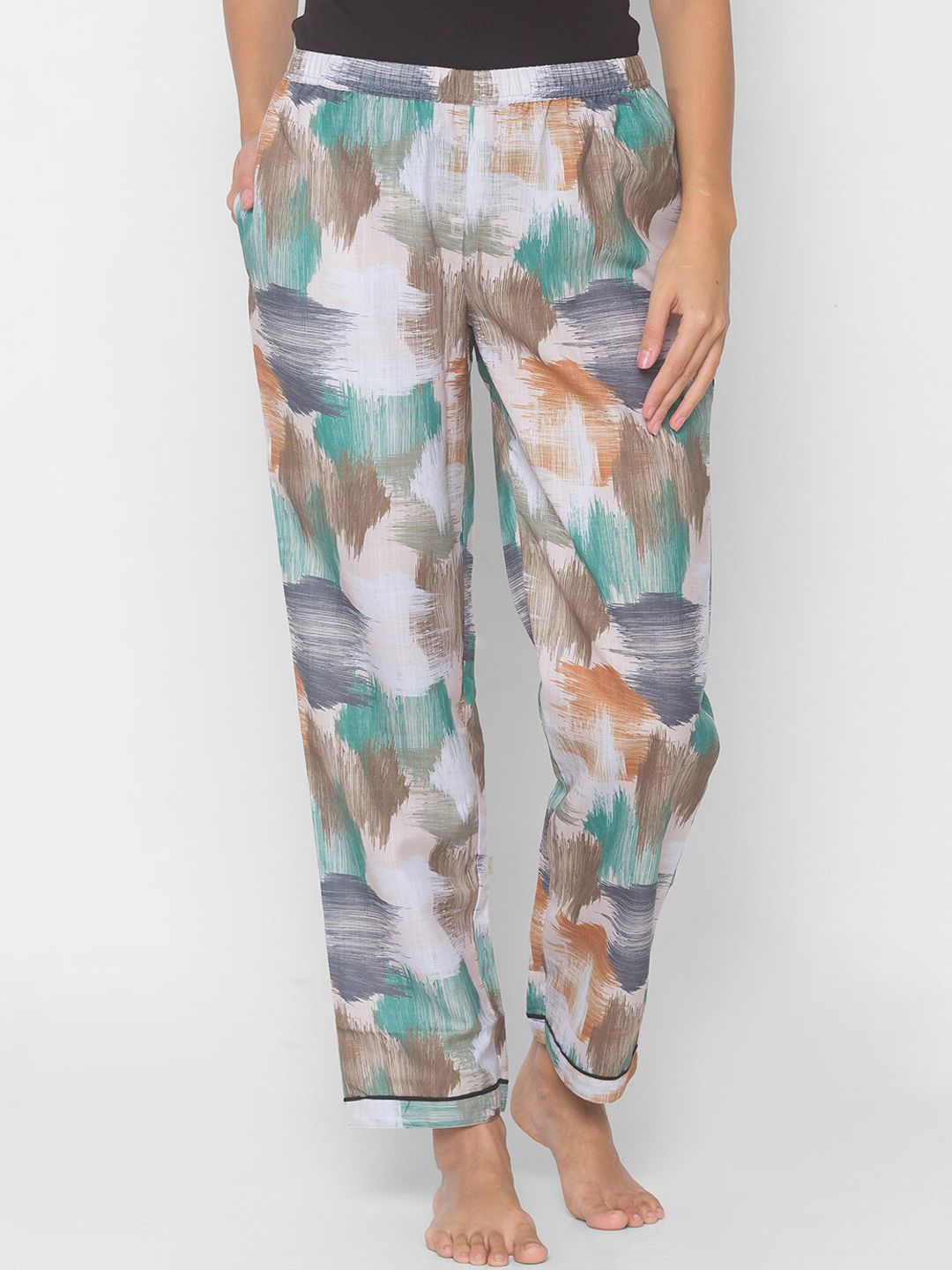 FashionRack Women Beige Multicoloured Abstract Printed Lounge Pants Price in India