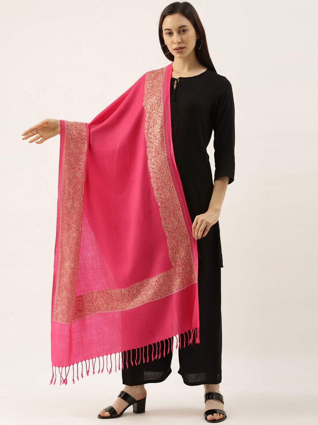 Pashmoda Women Pink Floral Embroidered Woollen Shawl Price in India