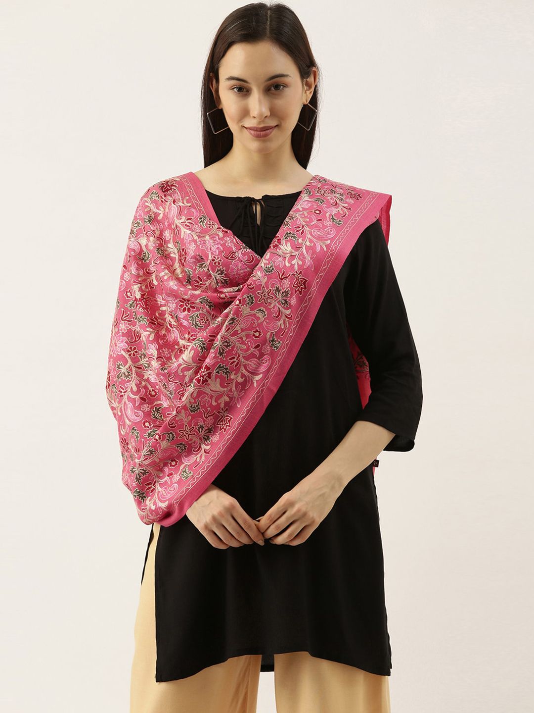 Pashmoda Women Pink & Beige Floral Embroidered Woollen Shawl Price in India