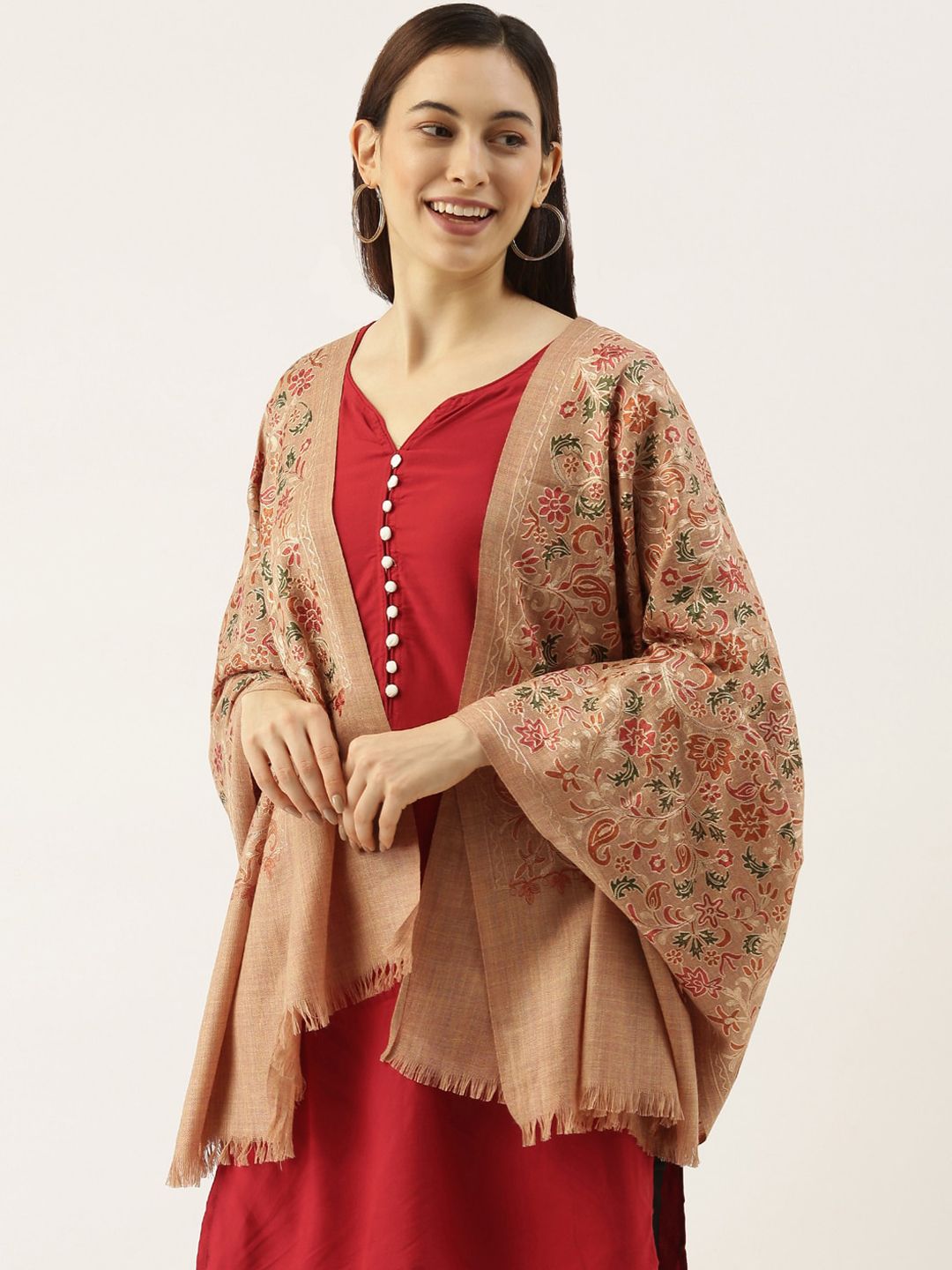 Pashmoda Women Beige & Red Floral Embroidered Woolen Shawl Price in India