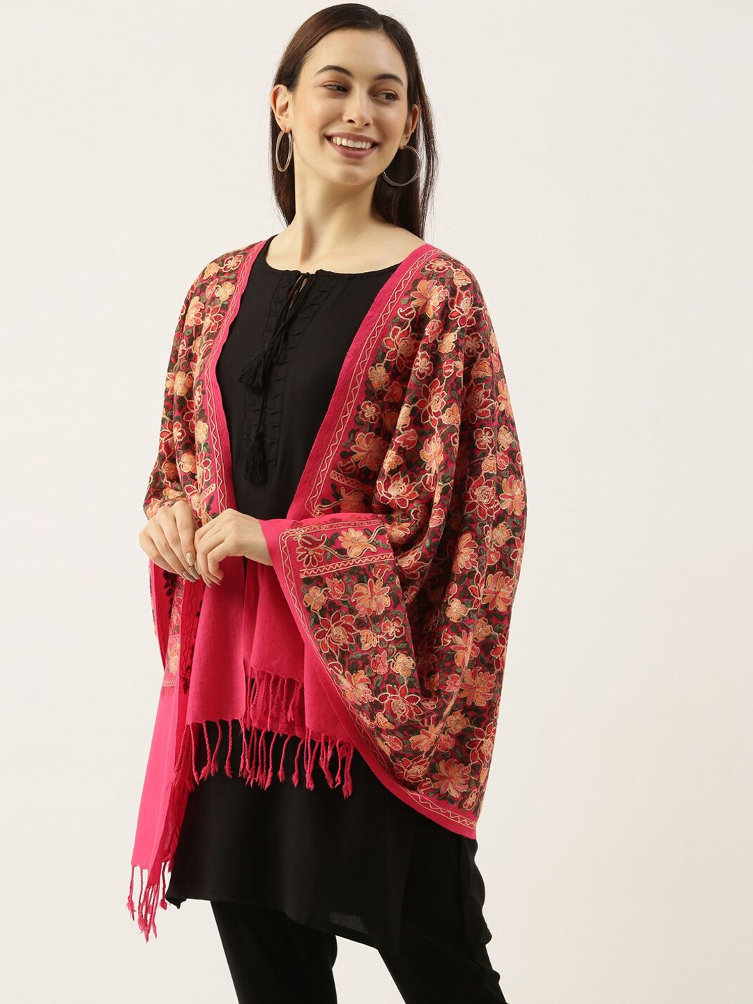 Pashmoda Women Pink & Green Floral Embroidered Woolen Shawl Price in India