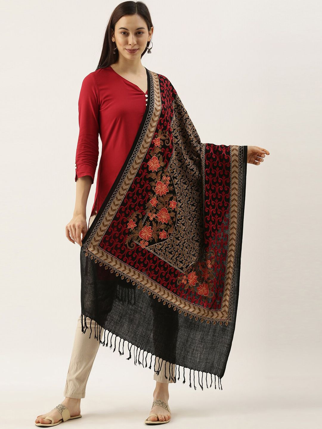 Pashmoda Women Black & Beige Embroidered Woolen Shawl Price in India