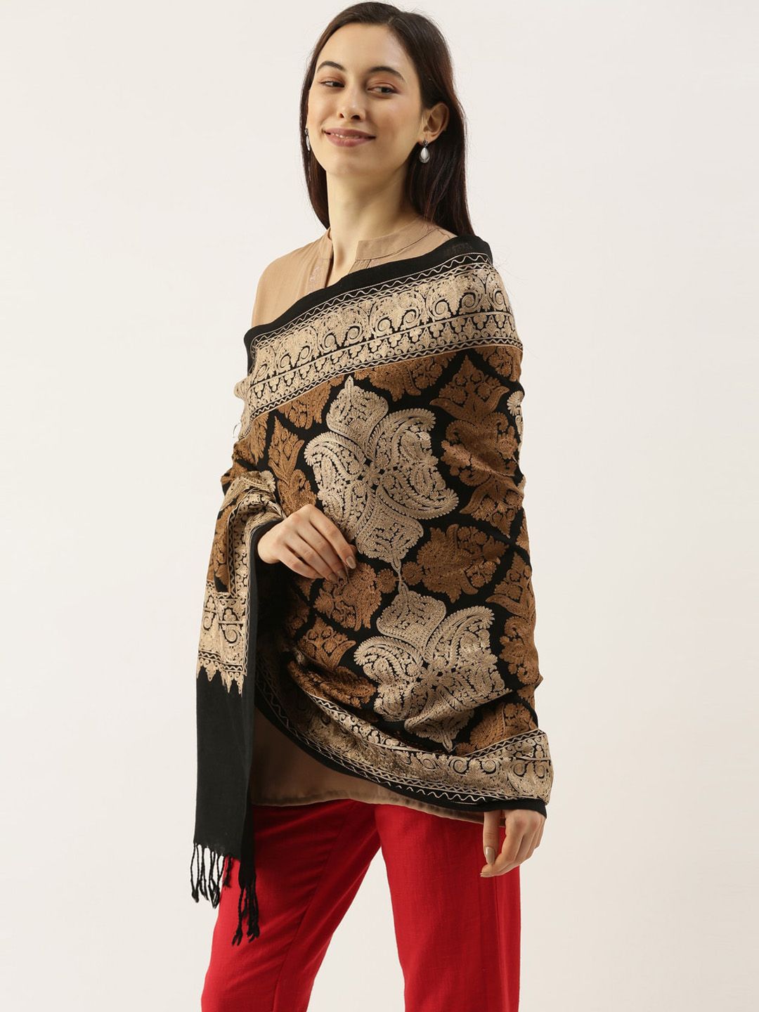 Pashmoda Women Black & Beige Embroidered Woolen Shawl Price in India