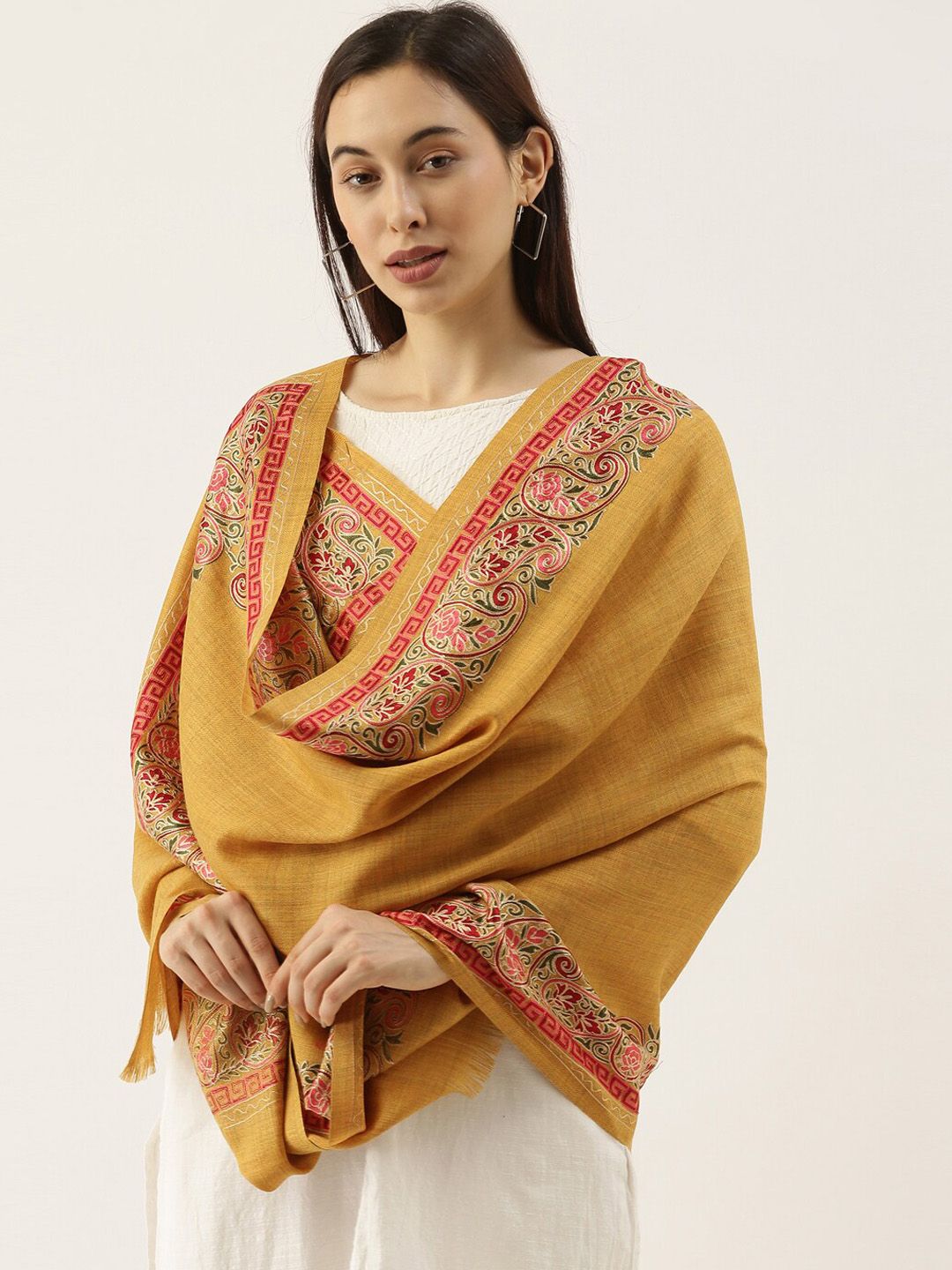 Pashmoda Women Yellow & Pink Embroidered Woolen Shawl Price in India