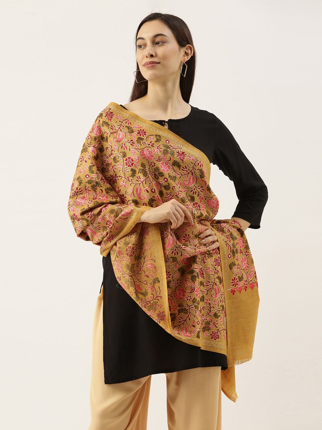 Pashmoda Women Yellow & Pink Floral Embroidered Pure Wool Shawl Price in India
