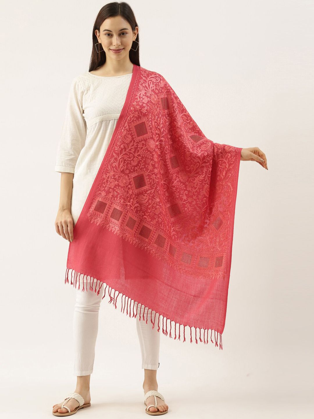 Pashmoda Women Pink Aari Embroidered Pure Wool Shawl Price in India