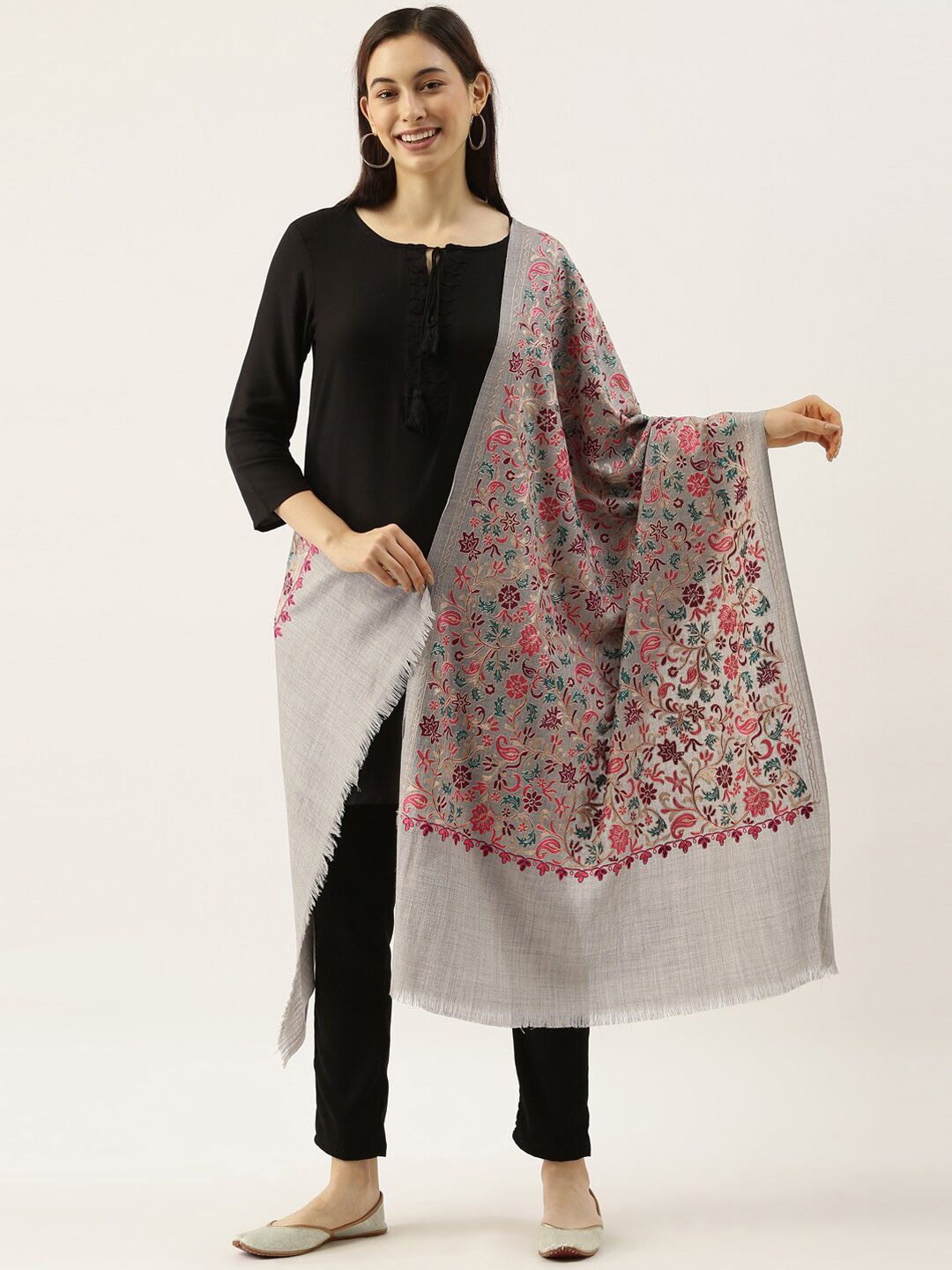 Pashmoda Women Grey & Green Embroidered Pure Wool Shawl Price in India