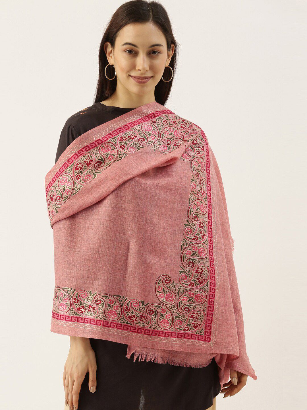 Pashmoda Women Pink & Green Embroidered Pure Wool Shawl Price in India