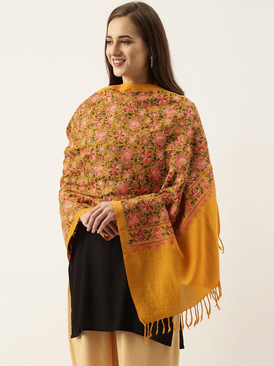 Pashmoda Women Yellow & Green Floral Embroidered Pure Wool Shawl Price in India