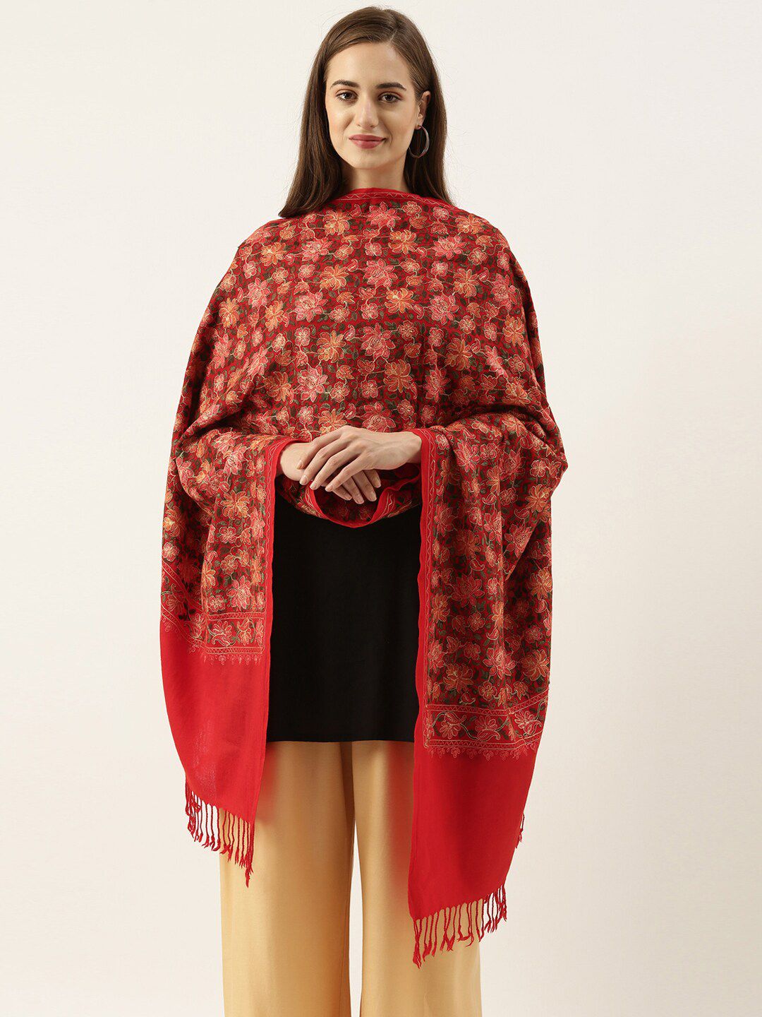 Pashmoda Women Red & Green Floral Embroidered Pure Wool Shawl Price in India