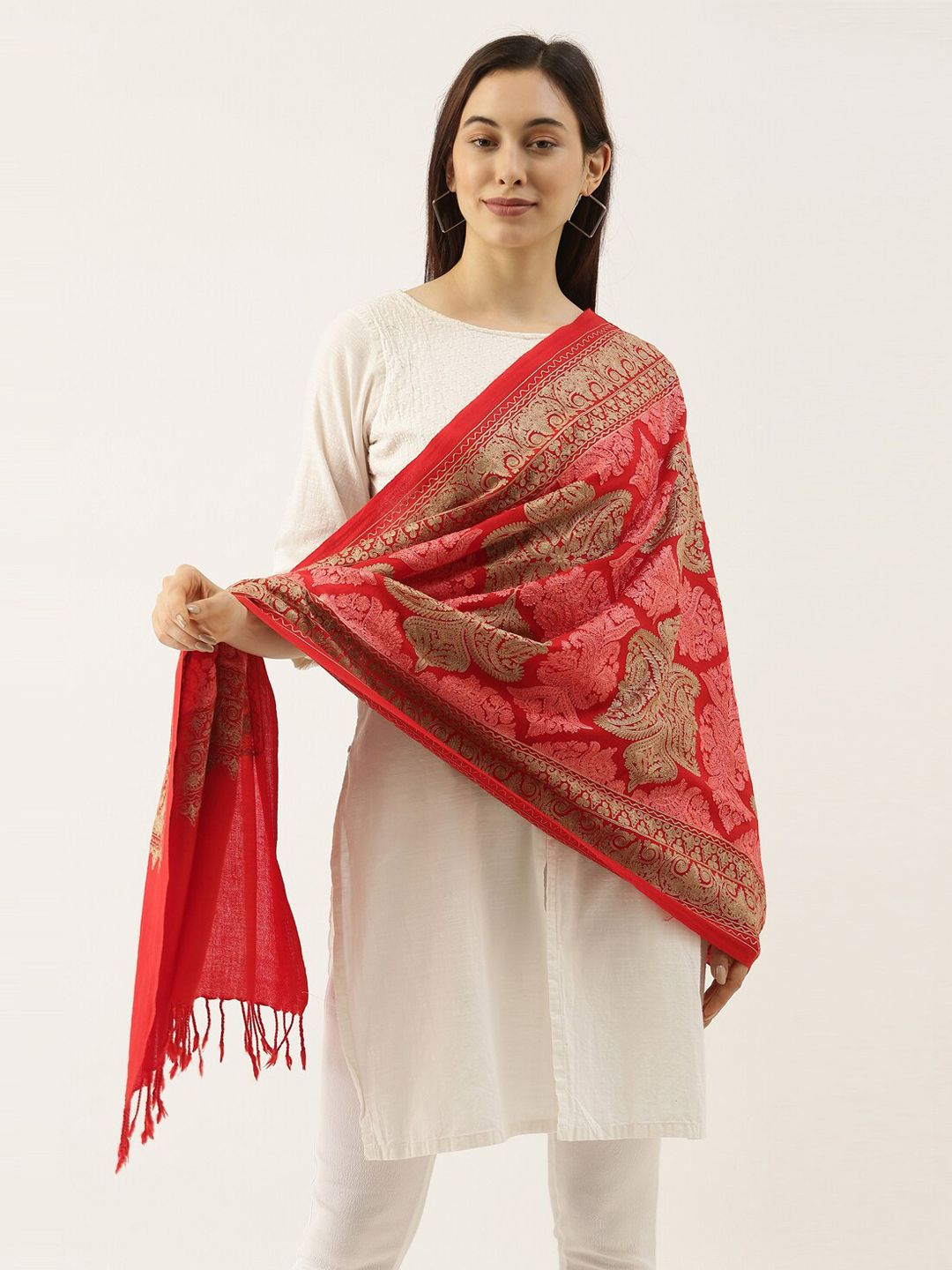 Pashmoda Women Red & Gold-Colour Aari Embroidered Pure Wool Shawl Price in India