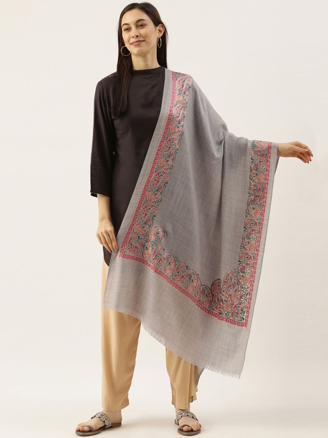 Pashmoda Women Grey & Pink Embroidered Pure Wool Shawl Price in India