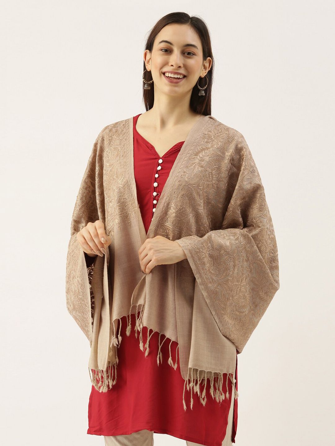 Pashmoda Women Beige Embroidered Pure Wool Shawl Price in India