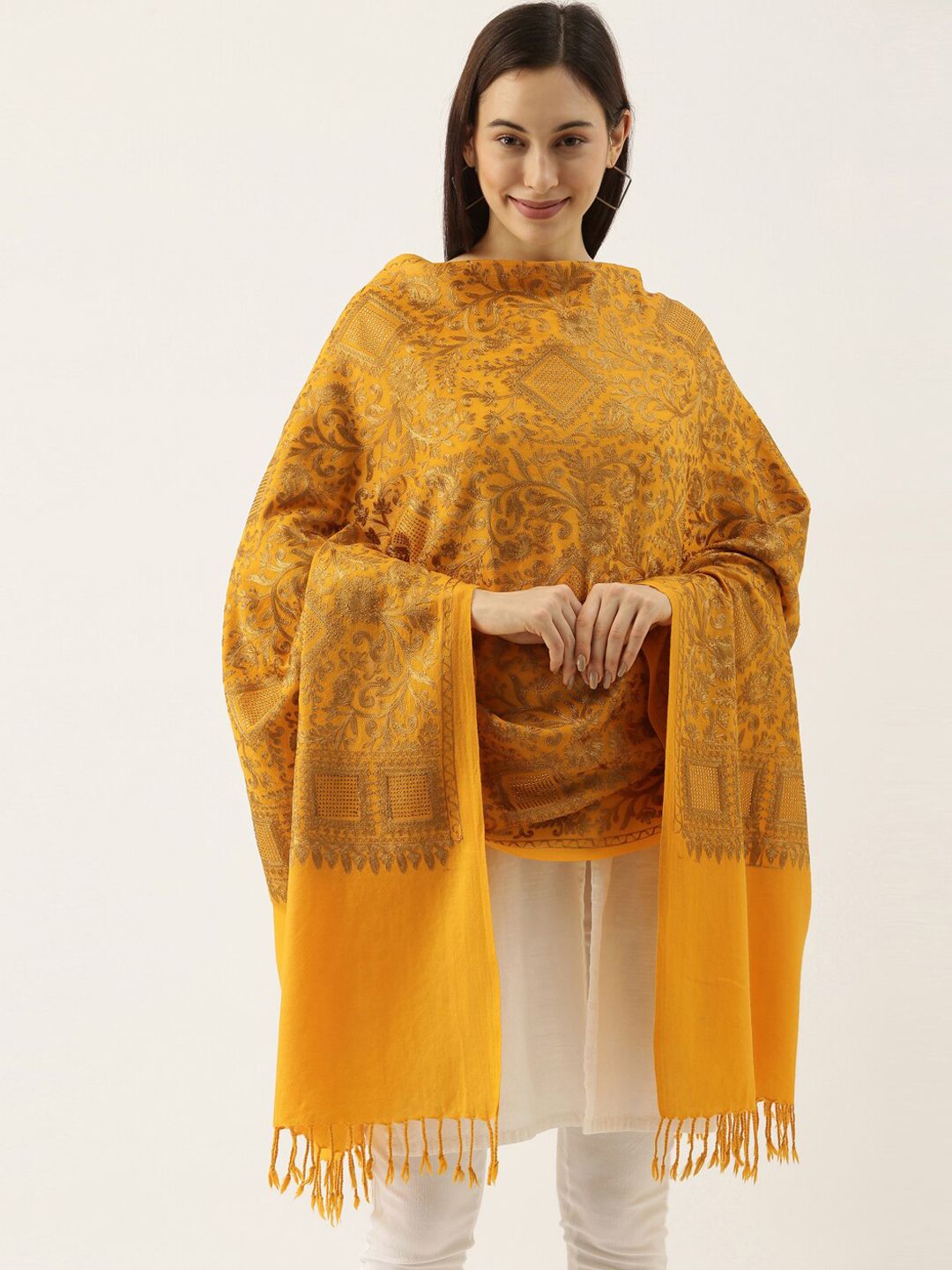 Pashmoda Women Pure Woolen Yellow Floral Embroidered Shawl Price in India