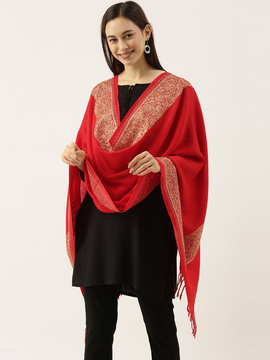 Pashmoda Women Red & Beige Embroidered Pure Wool Shawl Price in India