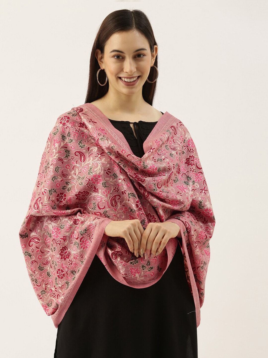Pashmoda Women Pink & Red Embroidered Pure Wool Shawl Price in India